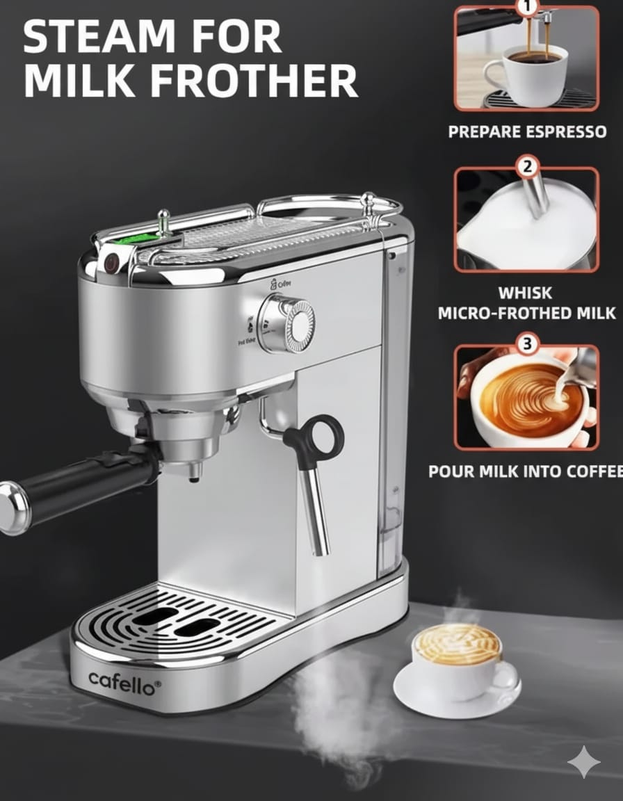Cafello Espresso Machine for (Espresso, Cappuccino & Latte Coffee Maker )  Professional Steam Milk for Milk Mill - Baitak