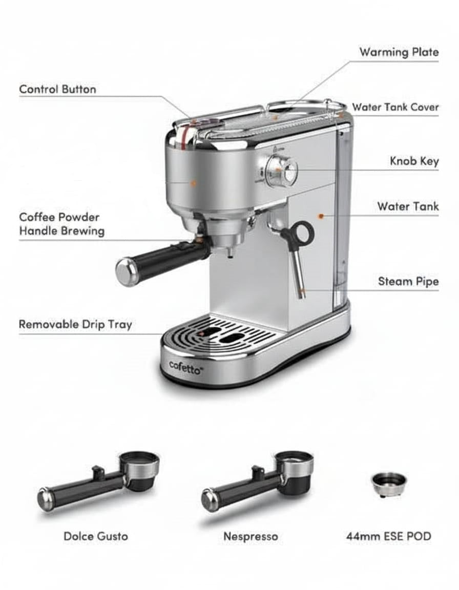 Cafello Espresso Machine for (Espresso, Cappuccino & Latte Coffee Maker )  Professional Steam Milk for Milk Mill - Baitak